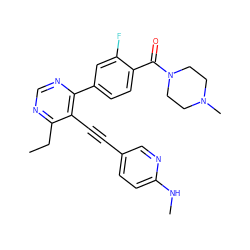 CCc1ncnc(-c2ccc(C(=O)N3CCN(C)CC3)c(F)c2)c1C#Cc1ccc(NC)nc1 ZINC000148416872