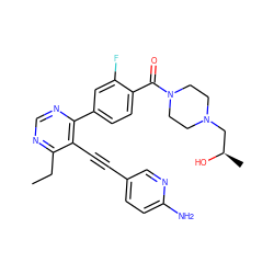 CCc1ncnc(-c2ccc(C(=O)N3CCN(C[C@@H](C)O)CC3)c(F)c2)c1C#Cc1ccc(N)nc1 ZINC000148618262