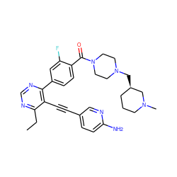 CCc1ncnc(-c2ccc(C(=O)N3CCN(C[C@@H]4CCCN(C)C4)CC3)c(F)c2)c1C#Cc1ccc(N)nc1 ZINC000148626541