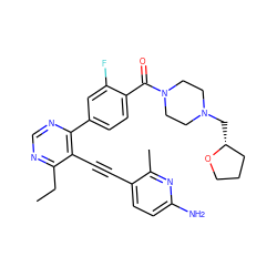 CCc1ncnc(-c2ccc(C(=O)N3CCN(C[C@@H]4CCCO4)CC3)c(F)c2)c1C#Cc1ccc(N)nc1C ZINC000148805314