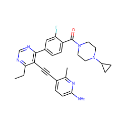 CCc1ncnc(-c2ccc(C(=O)N3CCN(C4CC4)CC3)c(F)c2)c1C#Cc1ccc(N)nc1C ZINC000148716814