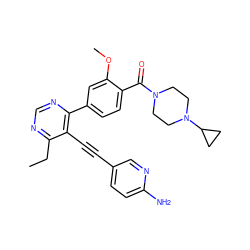 CCc1ncnc(-c2ccc(C(=O)N3CCN(C4CC4)CC3)c(OC)c2)c1C#Cc1ccc(N)nc1 ZINC000148507757