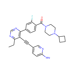 CCc1ncnc(-c2ccc(C(=O)N3CCN(C4CCC4)CC3)c(F)c2)c1C#Cc1ccc(N)nc1 ZINC000167442510