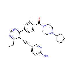 CCc1ncnc(-c2ccc(C(=O)N3CCN(C4CCCC4)CC3)c(C)c2)c1C#Cc1ccc(N)nc1 ZINC000167398071