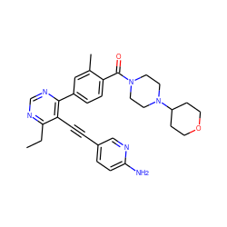 CCc1ncnc(-c2ccc(C(=O)N3CCN(C4CCOCC4)CC3)c(C)c2)c1C#Cc1ccc(N)nc1 ZINC000167390377