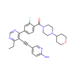 CCc1ncnc(-c2ccc(C(=O)N3CCN(C4CCOCC4)CC3)c(F)c2)c1C#Cc1ccc(N)nc1 ZINC000148726594