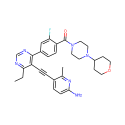 CCc1ncnc(-c2ccc(C(=O)N3CCN(C4CCOCC4)CC3)c(F)c2)c1C#Cc1ccc(N)nc1C ZINC000167291803