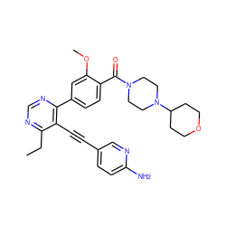 CCc1ncnc(-c2ccc(C(=O)N3CCN(C4CCOCC4)CC3)c(OC)c2)c1C#Cc1ccc(N)nc1 ZINC000148975658