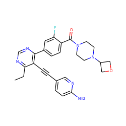 CCc1ncnc(-c2ccc(C(=O)N3CCN(C4COC4)CC3)c(F)c2)c1C#Cc1ccc(N)nc1 ZINC000072317182