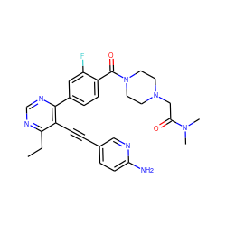 CCc1ncnc(-c2ccc(C(=O)N3CCN(CC(=O)N(C)C)CC3)c(F)c2)c1C#Cc1ccc(N)nc1 ZINC000148738734