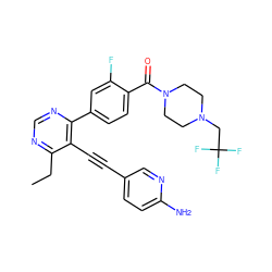 CCc1ncnc(-c2ccc(C(=O)N3CCN(CC(F)(F)F)CC3)c(F)c2)c1C#Cc1ccc(N)nc1 ZINC000148879162