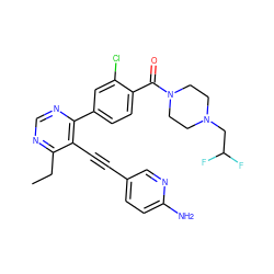 CCc1ncnc(-c2ccc(C(=O)N3CCN(CC(F)F)CC3)c(Cl)c2)c1C#Cc1ccc(N)nc1 ZINC000148392004