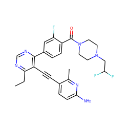 CCc1ncnc(-c2ccc(C(=O)N3CCN(CC(F)F)CC3)c(F)c2)c1C#Cc1ccc(N)nc1C ZINC000167290892