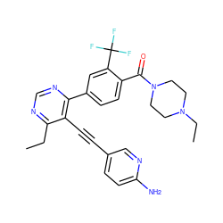 CCc1ncnc(-c2ccc(C(=O)N3CCN(CC)CC3)c(C(F)(F)F)c2)c1C#Cc1ccc(N)nc1 ZINC000167437397