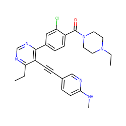 CCc1ncnc(-c2ccc(C(=O)N3CCN(CC)CC3)c(Cl)c2)c1C#Cc1ccc(NC)nc1 ZINC000148345239