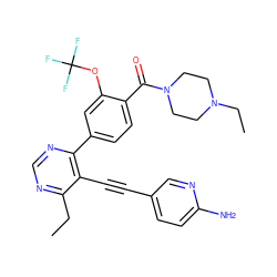 CCc1ncnc(-c2ccc(C(=O)N3CCN(CC)CC3)c(OC(F)(F)F)c2)c1C#Cc1ccc(N)nc1 ZINC000167434559