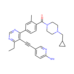 CCc1ncnc(-c2ccc(C(=O)N3CCN(CC4CC4)CC3)c(C)c2)c1C#Cc1ccc(N)nc1 ZINC000148962063