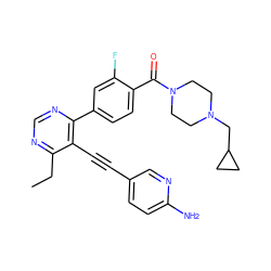 CCc1ncnc(-c2ccc(C(=O)N3CCN(CC4CC4)CC3)c(F)c2)c1C#Cc1ccc(N)nc1 ZINC000148533076