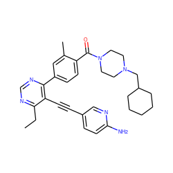 CCc1ncnc(-c2ccc(C(=O)N3CCN(CC4CCCCC4)CC3)c(C)c2)c1C#Cc1ccc(N)nc1 ZINC000167397481