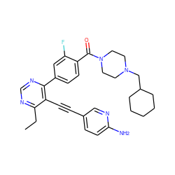 CCc1ncnc(-c2ccc(C(=O)N3CCN(CC4CCCCC4)CC3)c(F)c2)c1C#Cc1ccc(N)nc1 ZINC000148860355