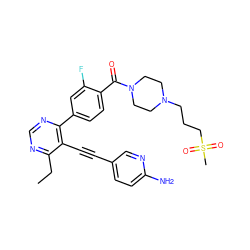 CCc1ncnc(-c2ccc(C(=O)N3CCN(CCCS(C)(=O)=O)CC3)c(F)c2)c1C#Cc1ccc(N)nc1 ZINC000148287799