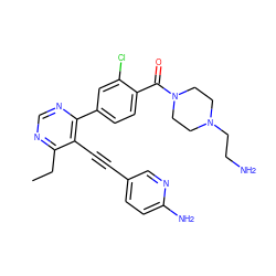 CCc1ncnc(-c2ccc(C(=O)N3CCN(CCN)CC3)c(Cl)c2)c1C#Cc1ccc(N)nc1 ZINC000167457872