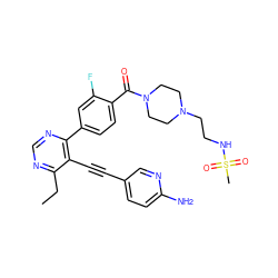 CCc1ncnc(-c2ccc(C(=O)N3CCN(CCNS(C)(=O)=O)CC3)c(F)c2)c1C#Cc1ccc(N)nc1 ZINC000167442627