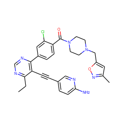 CCc1ncnc(-c2ccc(C(=O)N3CCN(Cc4cc(C)no4)CC3)c(Cl)c2)c1C#Cc1ccc(N)nc1 ZINC000148987303