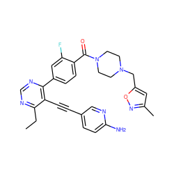 CCc1ncnc(-c2ccc(C(=O)N3CCN(Cc4cc(C)no4)CC3)c(F)c2)c1C#Cc1ccc(N)nc1 ZINC000148499713