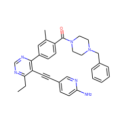 CCc1ncnc(-c2ccc(C(=O)N3CCN(Cc4ccccc4)CC3)c(C)c2)c1C#Cc1ccc(N)nc1 ZINC000167398432