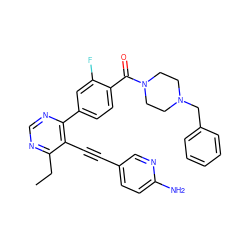 CCc1ncnc(-c2ccc(C(=O)N3CCN(Cc4ccccc4)CC3)c(F)c2)c1C#Cc1ccc(N)nc1 ZINC000148781315