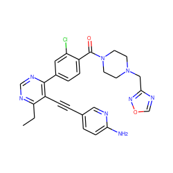 CCc1ncnc(-c2ccc(C(=O)N3CCN(Cc4ncon4)CC3)c(Cl)c2)c1C#Cc1ccc(N)nc1 ZINC000148710906