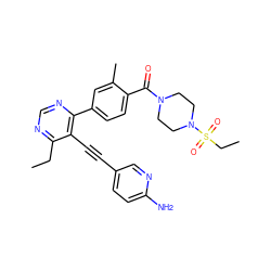 CCc1ncnc(-c2ccc(C(=O)N3CCN(S(=O)(=O)CC)CC3)c(C)c2)c1C#Cc1ccc(N)nc1 ZINC000148672205