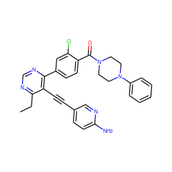 CCc1ncnc(-c2ccc(C(=O)N3CCN(c4ccccc4)CC3)c(Cl)c2)c1C#Cc1ccc(N)nc1 ZINC000148679903