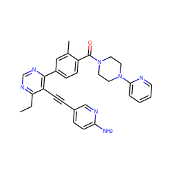 CCc1ncnc(-c2ccc(C(=O)N3CCN(c4ccccn4)CC3)c(C)c2)c1C#Cc1ccc(N)nc1 ZINC000148992263