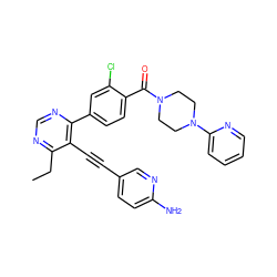 CCc1ncnc(-c2ccc(C(=O)N3CCN(c4ccccn4)CC3)c(Cl)c2)c1C#Cc1ccc(N)nc1 ZINC000148237086