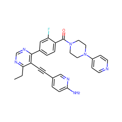 CCc1ncnc(-c2ccc(C(=O)N3CCN(c4ccncc4)CC3)c(F)c2)c1C#Cc1ccc(N)nc1 ZINC000148684207