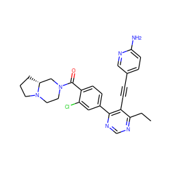 CCc1ncnc(-c2ccc(C(=O)N3CCN4CCC[C@@H]4C3)c(Cl)c2)c1C#Cc1ccc(N)nc1 ZINC000167407017