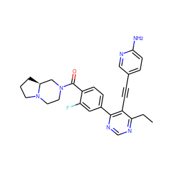 CCc1ncnc(-c2ccc(C(=O)N3CCN4CCC[C@H]4C3)c(F)c2)c1C#Cc1ccc(N)nc1 ZINC000148891023