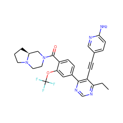 CCc1ncnc(-c2ccc(C(=O)N3CCN4CCC[C@H]4C3)c(OC(F)(F)F)c2)c1C#Cc1ccc(N)nc1 ZINC000148839105