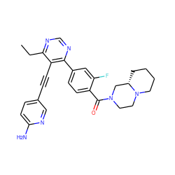 CCc1ncnc(-c2ccc(C(=O)N3CCN4CCCC[C@H]4C3)c(F)c2)c1C#Cc1ccc(N)nc1 ZINC000148515403