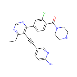 CCc1ncnc(-c2ccc(C(=O)N3CCNCC3)c(Cl)c2)c1C#Cc1ccc(N)nc1 ZINC000148576833