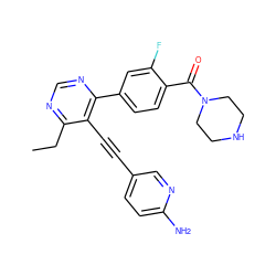 CCc1ncnc(-c2ccc(C(=O)N3CCNCC3)c(F)c2)c1C#Cc1ccc(N)nc1 ZINC000148694935