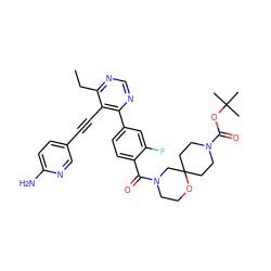 CCc1ncnc(-c2ccc(C(=O)N3CCOC4(CCN(C(=O)OC(C)(C)C)CC4)C3)c(F)c2)c1C#Cc1ccc(N)nc1 ZINC000167472249