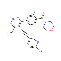 CCc1ncnc(-c2ccc(C(=O)N3CCOCC3)c(C)c2)c1C#Cc1ccc(N)nc1 ZINC000148526726