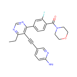 CCc1ncnc(-c2ccc(C(=O)N3CCOCC3)c(F)c2)c1C#Cc1ccc(N)nc1 ZINC000148592526