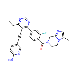 CCc1ncnc(-c2ccc(C(=O)N3CCn4c(C)cnc4C3)c(F)c2)c1C#Cc1ccc(N)nc1 ZINC000167442903