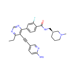 CCc1ncnc(-c2ccc(C(=O)NC[C@@H]3CCCN(C)C3)c(F)c2)c1C#Cc1ccc(N)nc1 ZINC000148876815