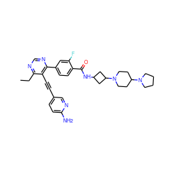 CCc1ncnc(-c2ccc(C(=O)NC3CC(N4CCC(N5CCCC5)CC4)C3)c(F)c2)c1C#Cc1ccc(N)nc1 ZINC000148518350