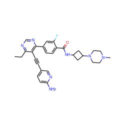 CCc1ncnc(-c2ccc(C(=O)NC3CC(N4CCN(C)CC4)C3)c(F)c2)c1C#Cc1ccc(N)nc1 ZINC000148693768